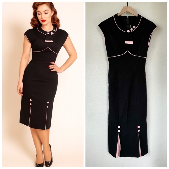 STOP STARING! L / 6 4 Vintage Retro Pinup Glam 30s Style Pencil Dress Black Pink - Picture 9 of 10